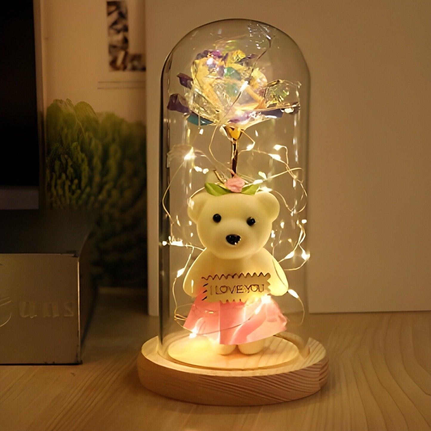 "Valentine's Day Teddy Bear with Rose in Glass Dome – A Sweet Surprise for Your Girlfriend"